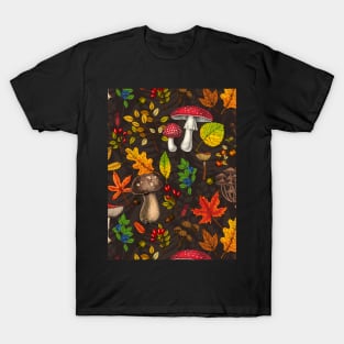 Autumn mushrooms, leaves, nuts and berries on dark brown T-Shirt